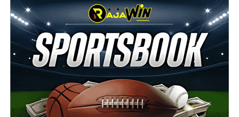 Logo RAJAWIN dengan tulisan Sportsbook besar di stadion, menunjukkan bola basket, rugby, dan baseball di tumpukan uang tunai.