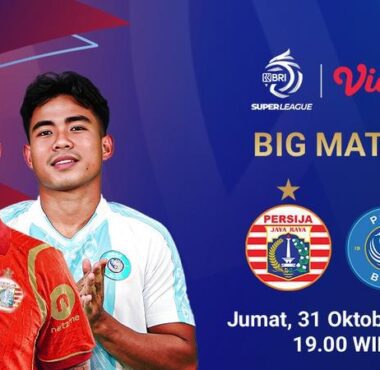 Logo BRI Super League dan Vidio di atas, diapit foto pemain Persija (Gustavo Franca) dan PSBS Biak (Ruyery Blanco) dengan latar biru-ungu. Terdapat logo Persija, PSBS Biak, serta informasi "BIG MATCH" dan jadwal Jumat, 31 Oktober 2025, 19.00 WIB.