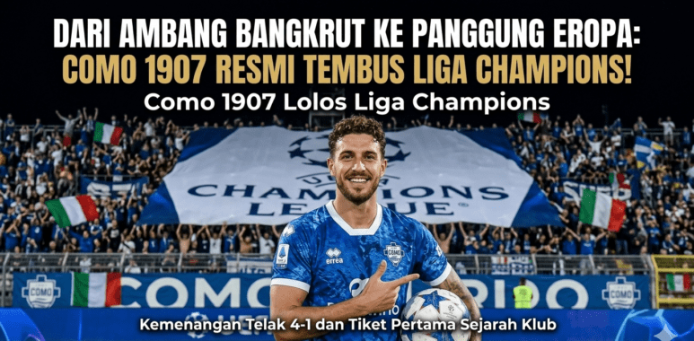 Para pemain dan suporter Como 1907 merayakan keberhasilan bersejarah lolos ke Liga Champions Asia dengan membentangkan bendera klub.