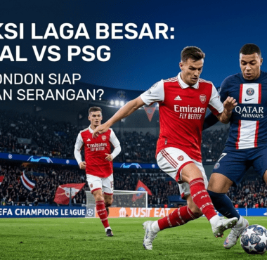 Ilustrasi duel sengit antara pemain Arsenal dan PSG dalam memperebutkan bola di ajang Liga Champions.