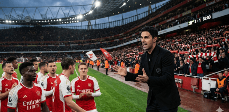 Mikel Arteta memberikan instruksi kepada pemain Arsenal di pinggir lapangan saat pertandingan krusial penentuan gelar juara