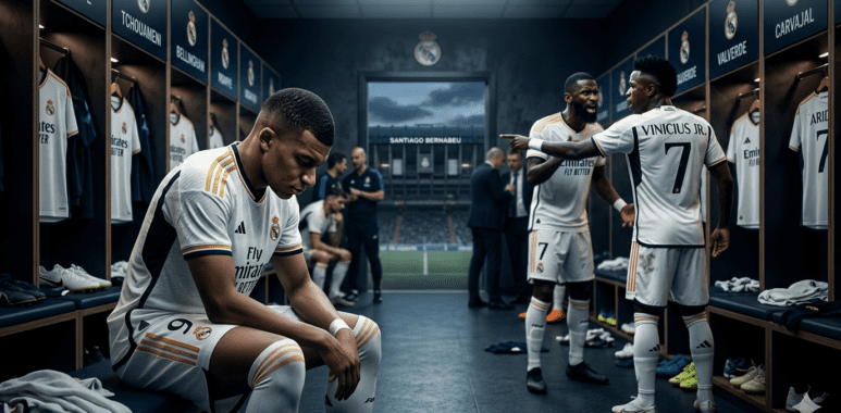Ekspresi lesu pemain Real Madrid di lapangan sebagai simbol krisis internal dan penurunan performa tim