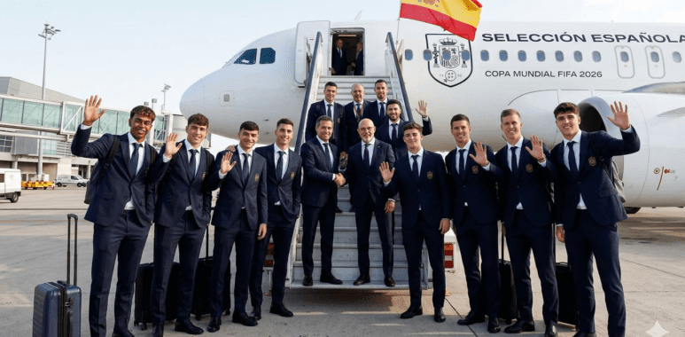 Skuad Tim Nasional Spanyol berfoto bersama sebelum naik ke pesawat menuju Amerika Serikat untuk Piala Dunia 2026.