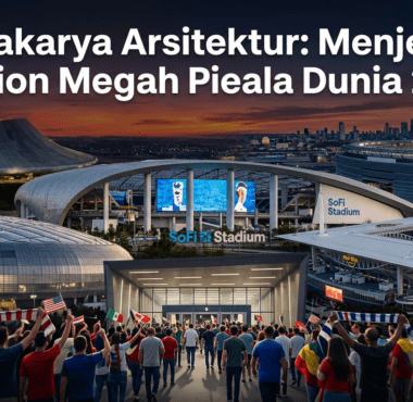 Kemegahan eksterior stadion modern dengan lampu megah yang bersiap menyambut turnamen Piala Dunia 2026.