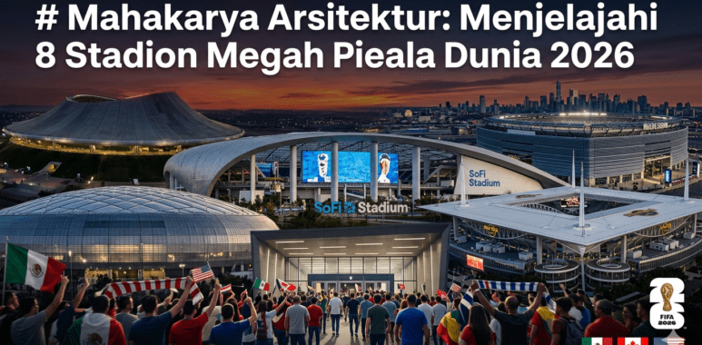 Kemegahan eksterior stadion modern dengan lampu megah yang bersiap menyambut turnamen Piala Dunia 2026.