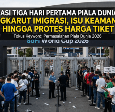 Gerbang pemeriksaan keamanan stadion yang sepi dengan papan penunjuk arah turnamen Piala Dunia 2026