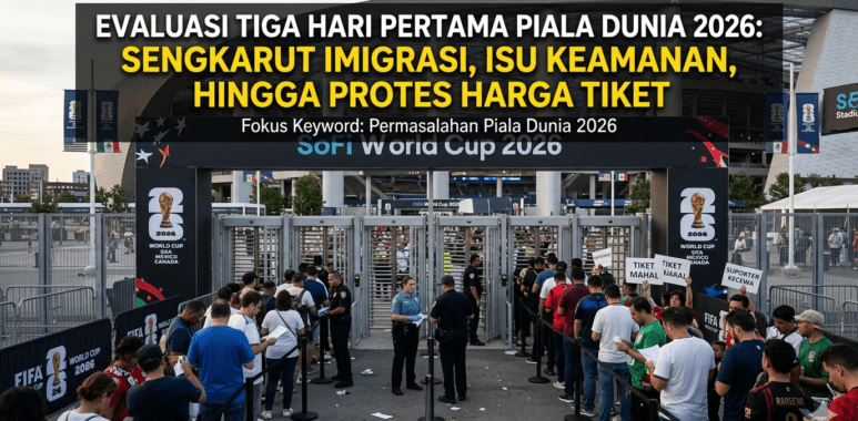 Gerbang pemeriksaan keamanan stadion yang sepi dengan papan penunjuk arah turnamen Piala Dunia 2026