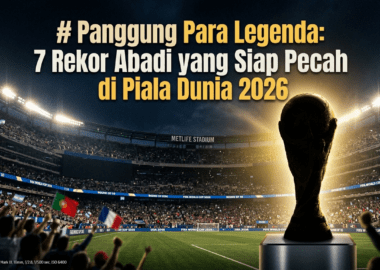 Siluet trofi emas Piala Dunia FIFA di bawah lampu stadion yang megah menjelang pertandingan babak gugur