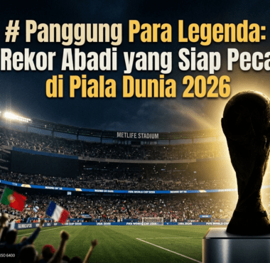 Siluet trofi emas Piala Dunia FIFA di bawah lampu stadion yang megah menjelang pertandingan babak gugur