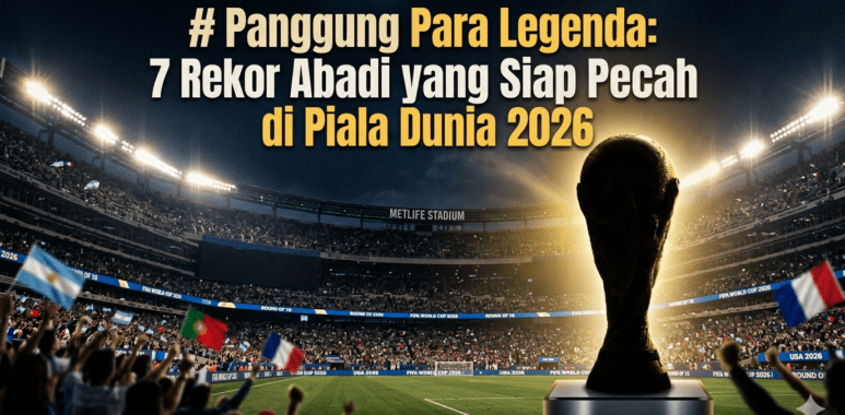 Siluet trofi emas Piala Dunia FIFA di bawah lampu stadion yang megah menjelang pertandingan babak gugur