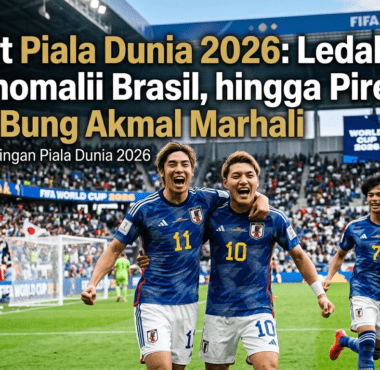 Ekspresi kegembiraan para pemain tim nasional Jepang saat merayakan gol kemenangan di babak fase grup.