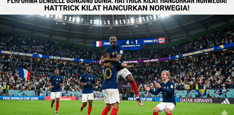 Ousmane Dembele merayakan pencapaian hattrick bersama rekan setimnya di Timnas Prancis pada laga fase grup Piala Dunia 2026.