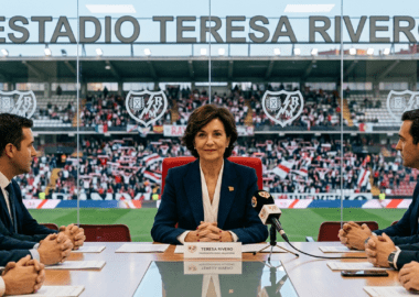 Potret ikonik Teresa Rivero saat memimpin jajaran manajemen Rayo Vallecano di tribun kehormatan