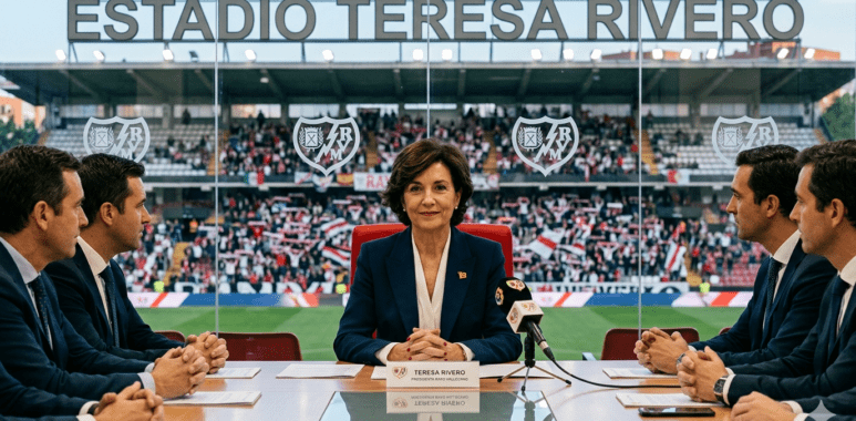 Potret ikonik Teresa Rivero saat memimpin jajaran manajemen Rayo Vallecano di tribun kehormatan