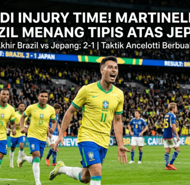 Ekspresi kebahagiaan Gabriel Martinelli setelah mencetak gol kemenangan dramatis untuk Brazil atas Jepang di Piala Dunia 2026.