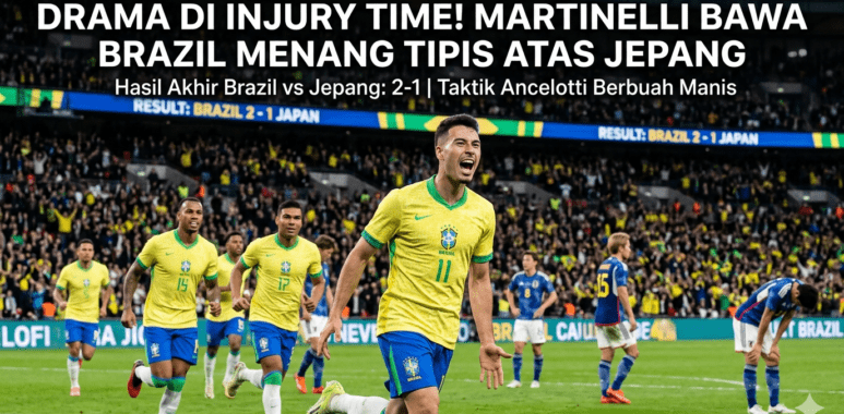 Ekspresi kebahagiaan Gabriel Martinelli setelah mencetak gol kemenangan dramatis untuk Brazil atas Jepang di Piala Dunia 2026.
