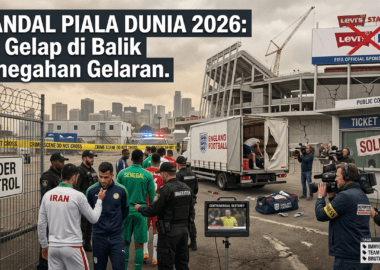Petugas keamanan bersiaga di depan gerbang stadion Piala Dunia 2026 dengan latar belakang tribun penonton yang terlihat kosong