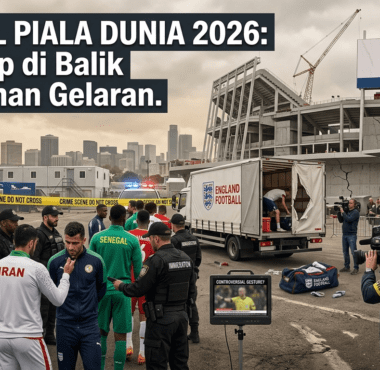 Petugas keamanan bersiaga di depan gerbang stadion Piala Dunia 2026 dengan latar belakang tribun penonton yang terlihat kosong