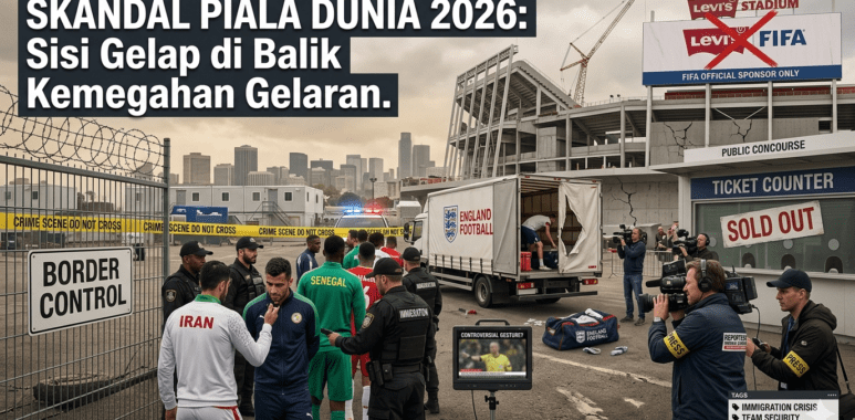 Petugas keamanan bersiaga di depan gerbang stadion Piala Dunia 2026 dengan latar belakang tribun penonton yang terlihat kosong