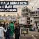 Petugas keamanan bersiaga di depan gerbang stadion Piala Dunia 2026 dengan latar belakang tribun penonton yang terlihat kosong