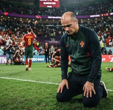 Ekspresi lesu pelatih Roberto Martinez di pinggir lapangan setelah kegagalan total timnas Portugal