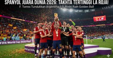 Skuad timnas Spanyol merayakan keberhasilan merengkuh trofi juara Piala Dunia 2026 setelah menumbangkan Argentina di laga final