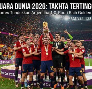 Skuad timnas Spanyol merayakan keberhasilan merengkuh trofi juara Piala Dunia 2026 setelah menumbangkan Argentina di laga final