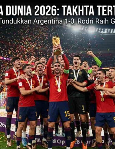 Skuad timnas Spanyol merayakan keberhasilan merengkuh trofi juara Piala Dunia 2026 setelah menumbangkan Argentina di laga final