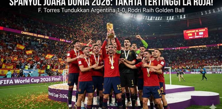 Skuad timnas Spanyol merayakan keberhasilan merengkuh trofi juara Piala Dunia 2026 setelah menumbangkan Argentina di laga final