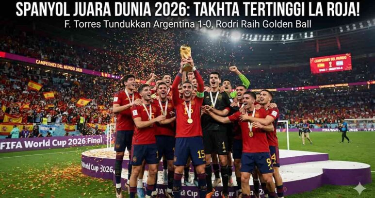 Skuad timnas Spanyol merayakan keberhasilan merengkuh trofi juara Piala Dunia 2026 setelah menumbangkan Argentina di laga final