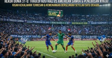 Skuad tim nasional Australia merayakan gol dalam pertandingan kualifikasi Piala Dunia 2001 melawan American Samoa yang berakhir dengan skor ralat 31-0.
