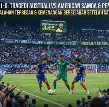 Skuad tim nasional Australia merayakan gol dalam pertandingan kualifikasi Piala Dunia 2001 melawan American Samoa yang berakhir dengan skor ralat 31-0.