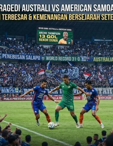Skuad tim nasional Australia merayakan gol dalam pertandingan kualifikasi Piala Dunia 2001 melawan American Samoa yang berakhir dengan skor ralat 31-0.