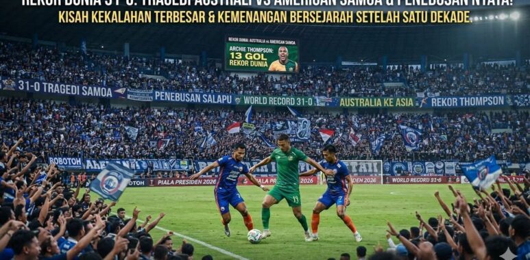 Skuad tim nasional Australia merayakan gol dalam pertandingan kualifikasi Piala Dunia 2001 melawan American Samoa yang berakhir dengan skor ralat 31-0.