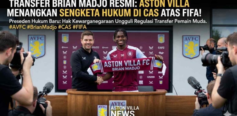 Brian Madjo saat meresmikan kepindahannya ke Aston Villa usai kemenangan gugatan di CAS
