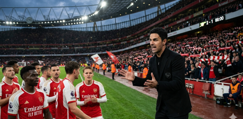 Mikel Arteta memberikan instruksi kepada pemain Arsenal di pinggir lapangan saat pertandingan krusial penentuan gelar juara
