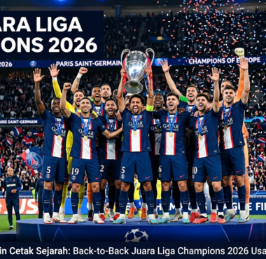 Skuad Paris Saint-Germain mengangkat trofi Liga Champions 2026 dalam kemeriahan selebrasi juara
