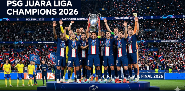 Skuad Paris Saint-Germain mengangkat trofi Liga Champions 2026 dalam kemeriahan selebrasi juara