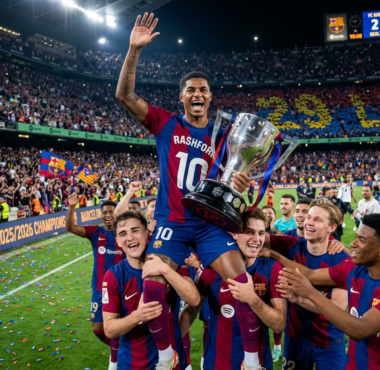 Para pemain Barcelona merayakan gelar juara Liga Spanyol ke-29 setelah memenangkan pertandingan El Clasico melawan Real Madrid