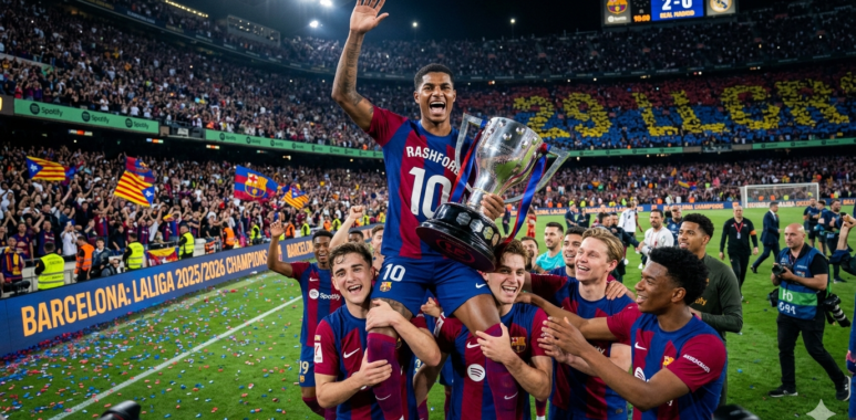 Para pemain Barcelona merayakan gelar juara Liga Spanyol ke-29 setelah memenangkan pertandingan El Clasico melawan Real Madrid