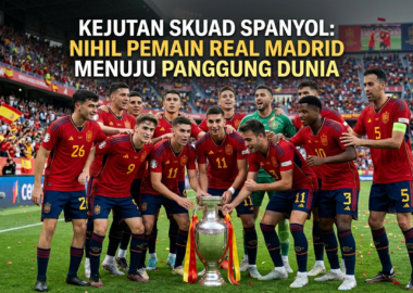 Skuad Timnas Spanyol merayakan kemenangan dengan trofi, menunjukkan era baru regenerasi pemain muda
