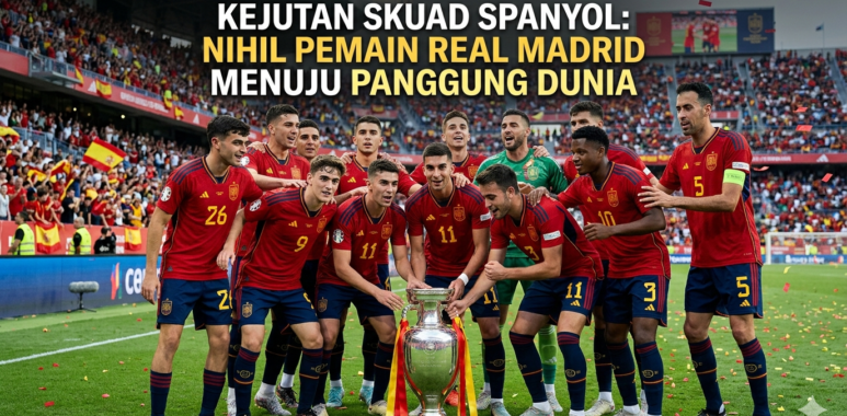 Skuad Timnas Spanyol merayakan kemenangan dengan trofi, menunjukkan era baru regenerasi pemain muda