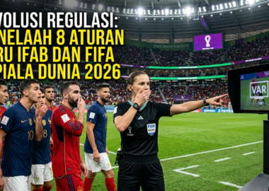 Wasit sepak bola sedang menunjuk ke arah layar monitor VAR di pinggir lapangan untuk meninjau ulang sebuah pelanggaran krusial