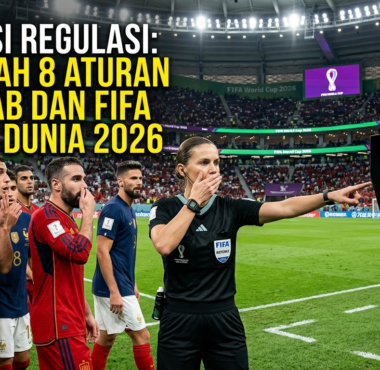 Wasit sepak bola sedang menunjuk ke arah layar monitor VAR di pinggir lapangan untuk meninjau ulang sebuah pelanggaran krusial