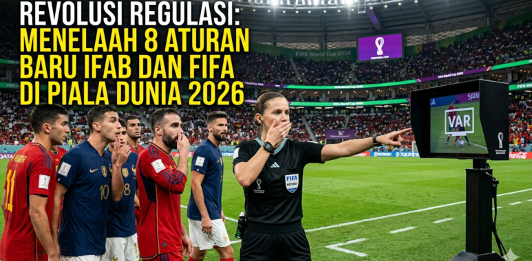Wasit sepak bola sedang menunjuk ke arah layar monitor VAR di pinggir lapangan untuk meninjau ulang sebuah pelanggaran krusial