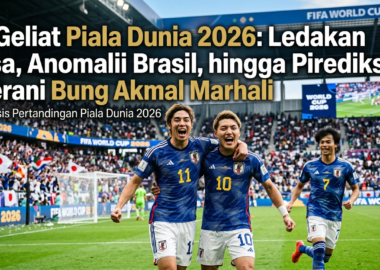 Ekspresi kegembiraan para pemain tim nasional Jepang saat merayakan gol kemenangan di babak fase grup.