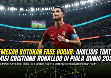 Ekspresi serius Cristiano Ronaldo saat berusaha menembus kawalan ketat bek lawan dalam pertandingan fase gugur Piala Dunia