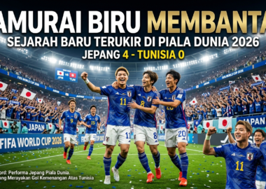 Skuad tim nasional Jepang merayakan gol kemenangan telak atas Tunisia pada fase grup Piala Dunia 2026.