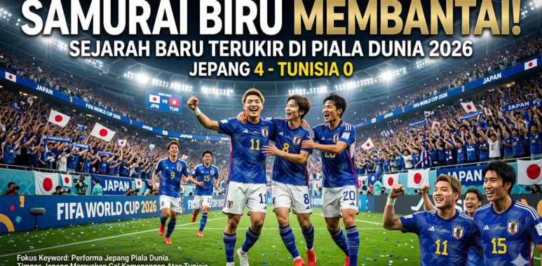 Skuad tim nasional Jepang merayakan gol kemenangan telak atas Tunisia pada fase grup Piala Dunia 2026.