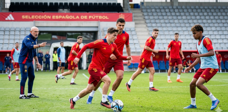 Sesi latihan bersama tim nasional Spanyol yang penuh dengan determinasi tinggi menjelang pertandingan turnamen besar.
